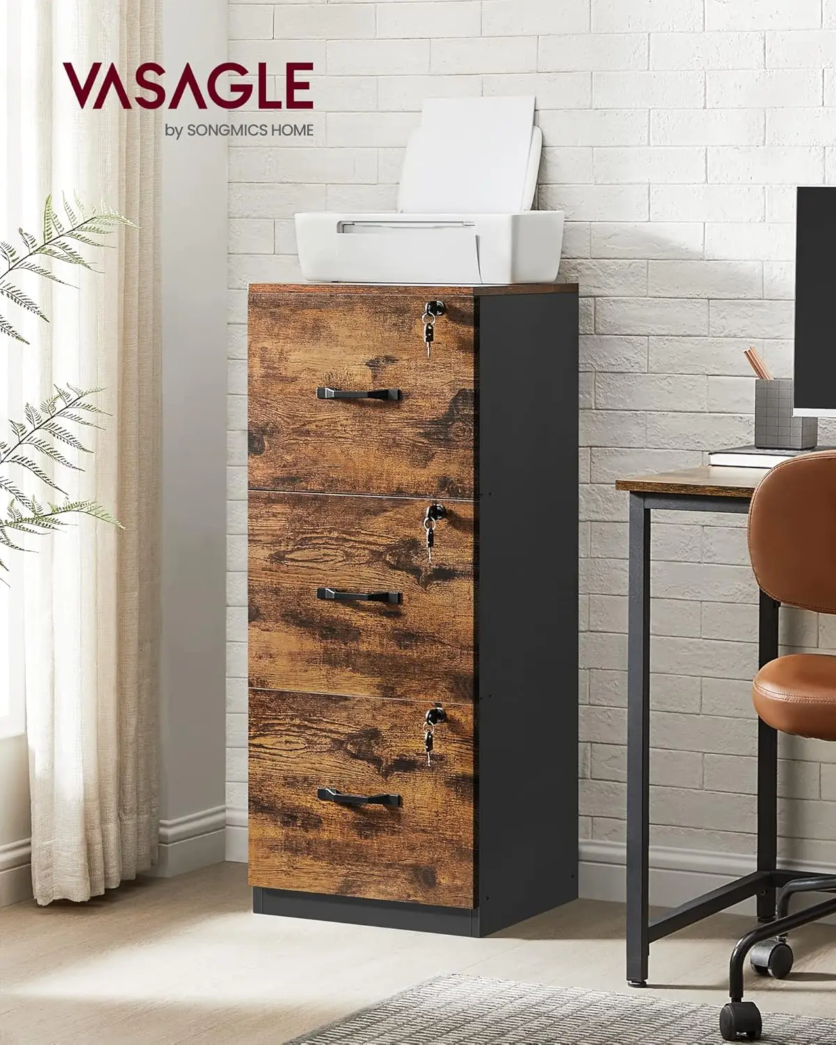 VASAGLE 3-Drawer Vertical File Cabinet, Filing Cabinet for Home Office, Printer Stand, with 3 Lockable Drawers,