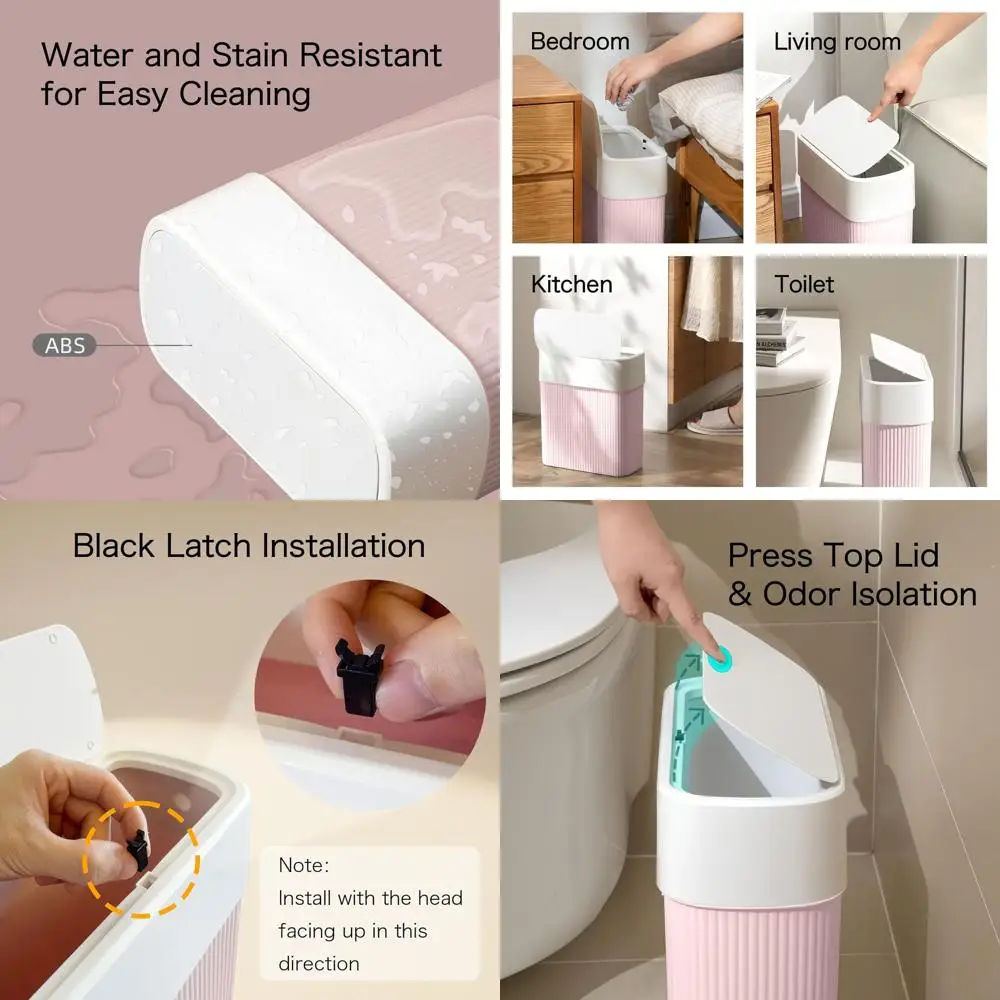 

12L Press Lid Trash Can, Slim Dog-Proof Wastebasket for Kitchen, Office, Home - Pink