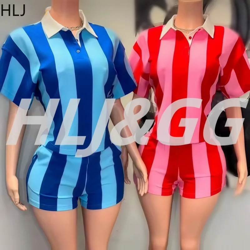 

HLJ&GG Fashion Stripe Patchwork 2 Piece Sets Woman Outfit Color Block Lapel Short Sleeve Crop Top + Shorts Matching Streetwear