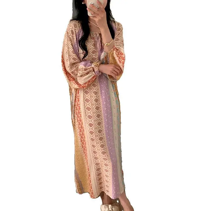 Women\'s Long-Sleeved Nightdress Summer Women\'s Cotton Silk Bohemian Style Pajamas Cotton Silk Beach Dress Home Wear Plus Size