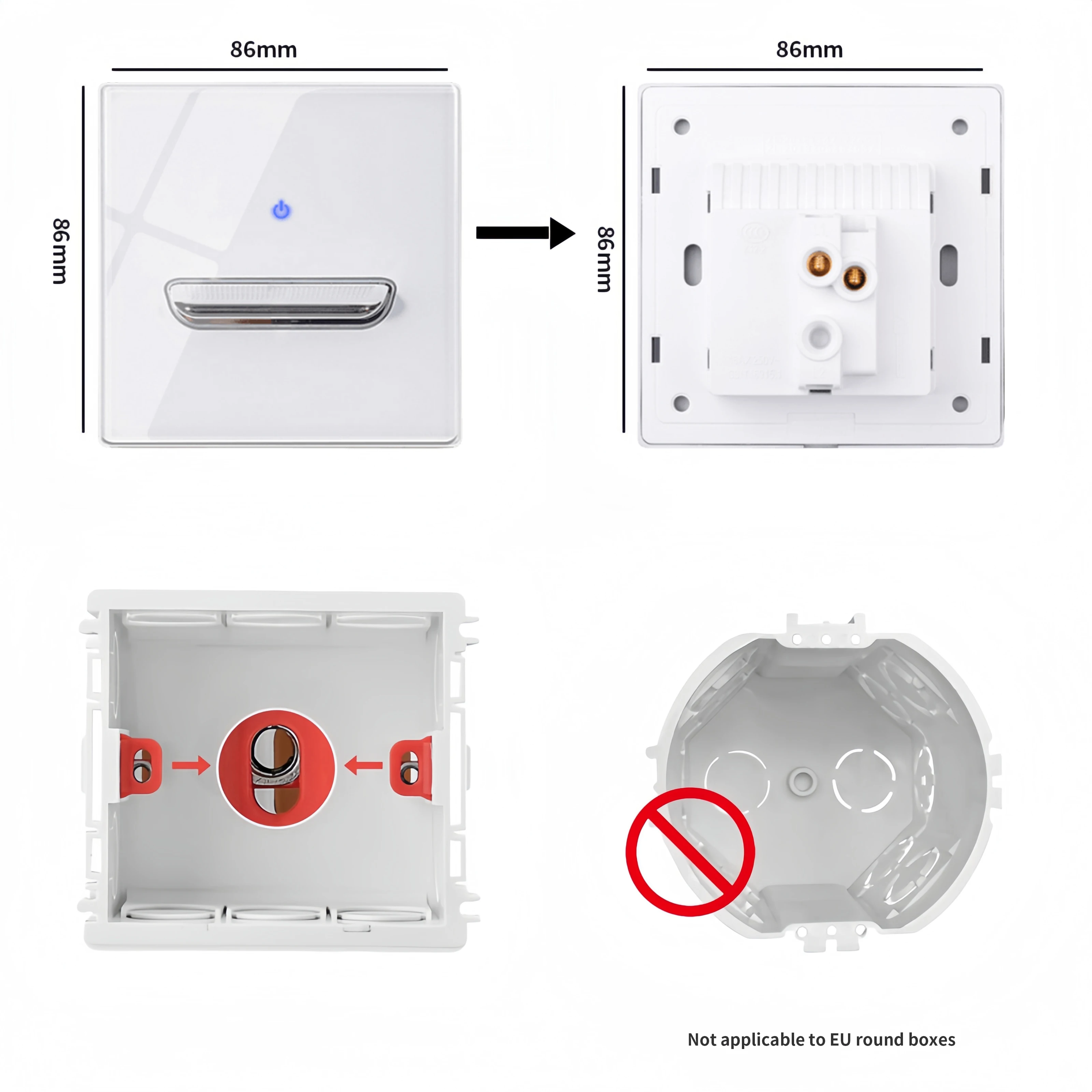 UK/EU International white wall light switch panel Tempered glass self-reset 1/2/3/4 Gang 1/2 /3Way LED indicator panel