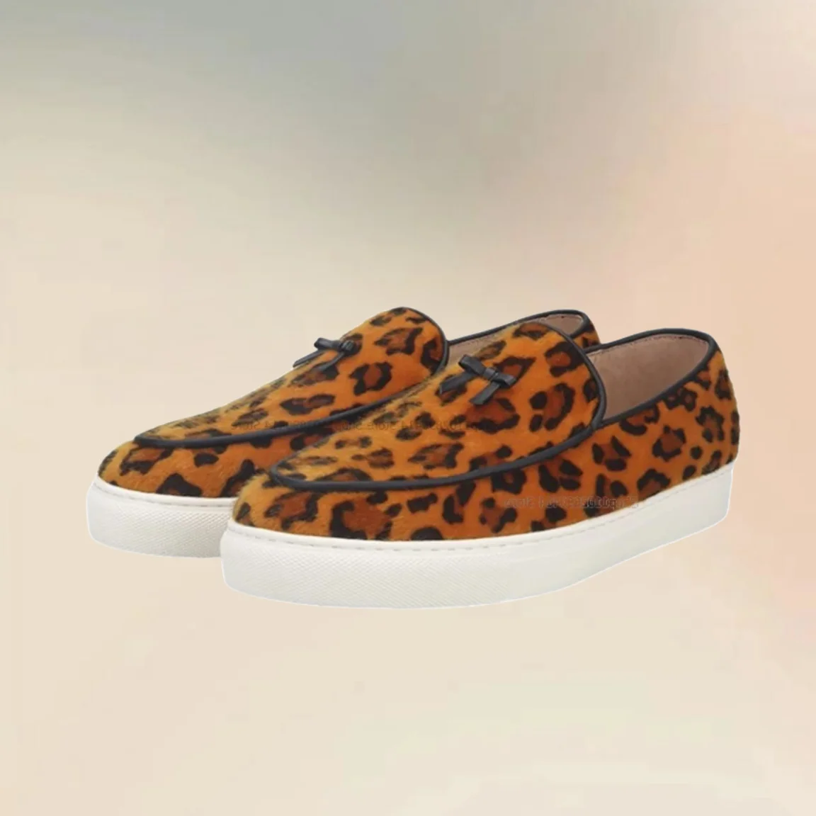 Leopard Print Bow Tie Men Sneaker Shoes Fashionable Sport Style Slip On Men Shoes Novel Handmade Comfortable Men Casual Shoes