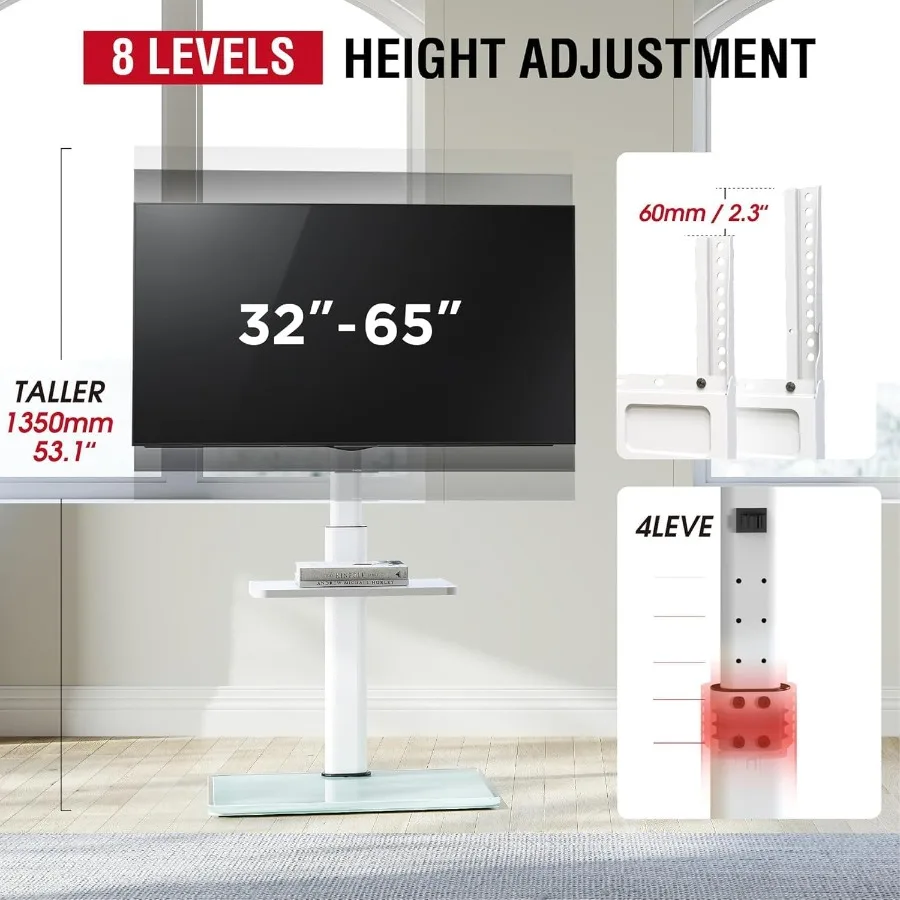 حامل تلفزيون أرضي لتلفزيونات 3265 مع وظيفة دوارة وإمالة 60 درجة، ارتفاع 8 مستويات قابل للتعديل، حامل تلفزيون طويل القامة مثالي لـ L