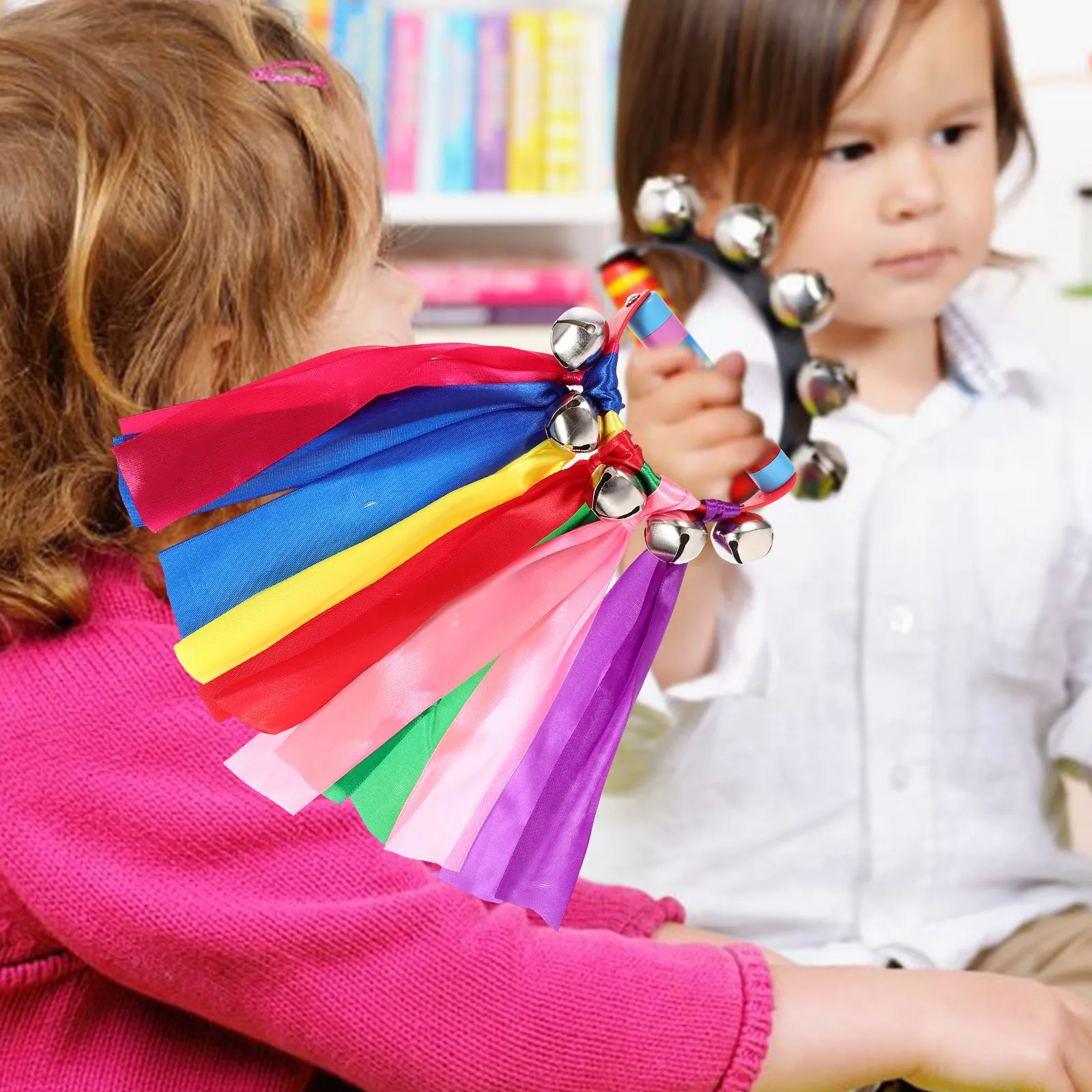 2Pcs Handheld Tambourine Rainbow Ribbon Percussion Instrument Party Music Jingle Bells Rhythmic Exercise Kids Percussion