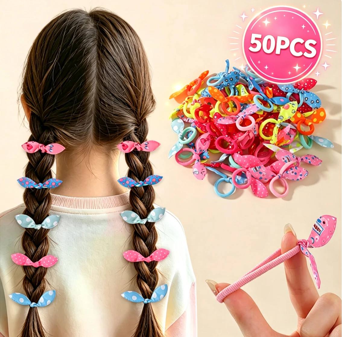 Kids Bows 50Pcs/set Wave Point Rabbit Ear Children's Hair Band Rubber Band