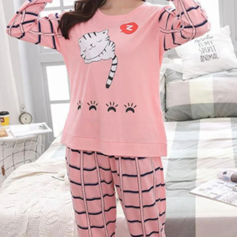 Cartoon Cotton Pajamas Women\'s Spring and Autumn Models Long-sleeved Home Service Women\'s Simple Loose Casual Suit Large Size