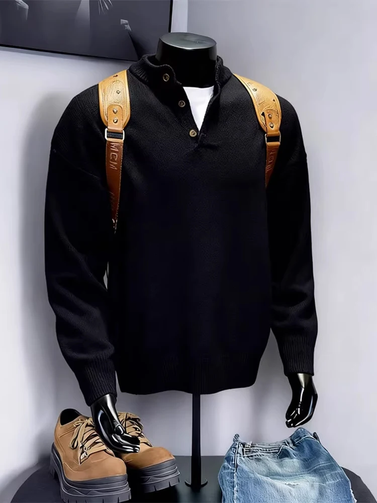 

Bla American Sle Men's Knitwear Henry Collar Base Layer Sweater Soft Comfortable Loose Fit Autumn Winter Retro Cleanfit