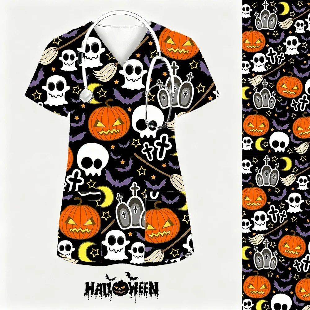 

Halloween Medical Uniform Woman Pumpkin Ghost 3D Print Summer Casual V-Neck with Pockets Nurse Fashion Short Sleeve Scrubs Woman
