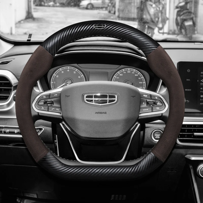Suede Carbon Fiber Car Steering Wheel Cover, Anti-Slip, Genuine Leather, for GEELY coolray emgrand monjaro tugella Okavango