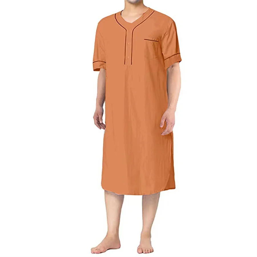 Bata Abaya de manga corta con cuello en V para hombre, ropa informal para el hogar, camisón suelto de Color sólido, ropa islámica, vestido de verano musulmán