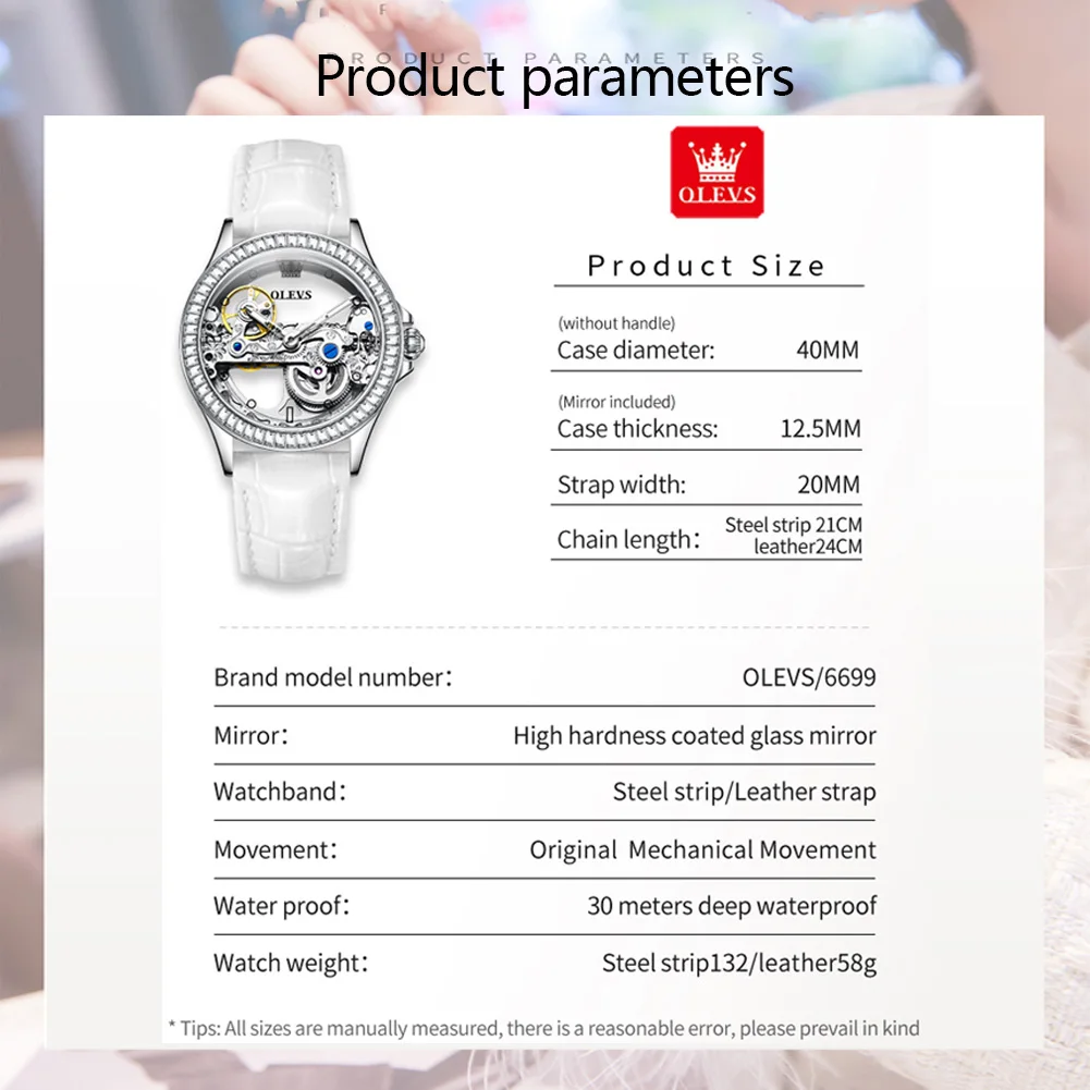 OLEVS Jam Tangan Mekanis Otomatis Wanita Mewah Jam Tangan Elegan Dial Bercahaya Desain Berongga Penuh Tatahan Berlian Baja Tahan Karat