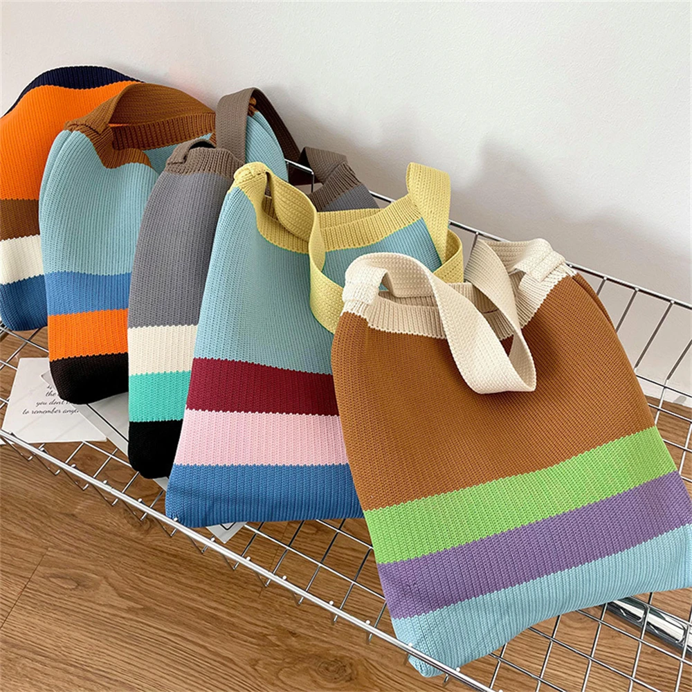 Women\'s Knitted Striped Shoulder Bag Female Woven Crossbody Handbag Eco Large Capacity Shopper Bag Retro Rainbow Storage Bag