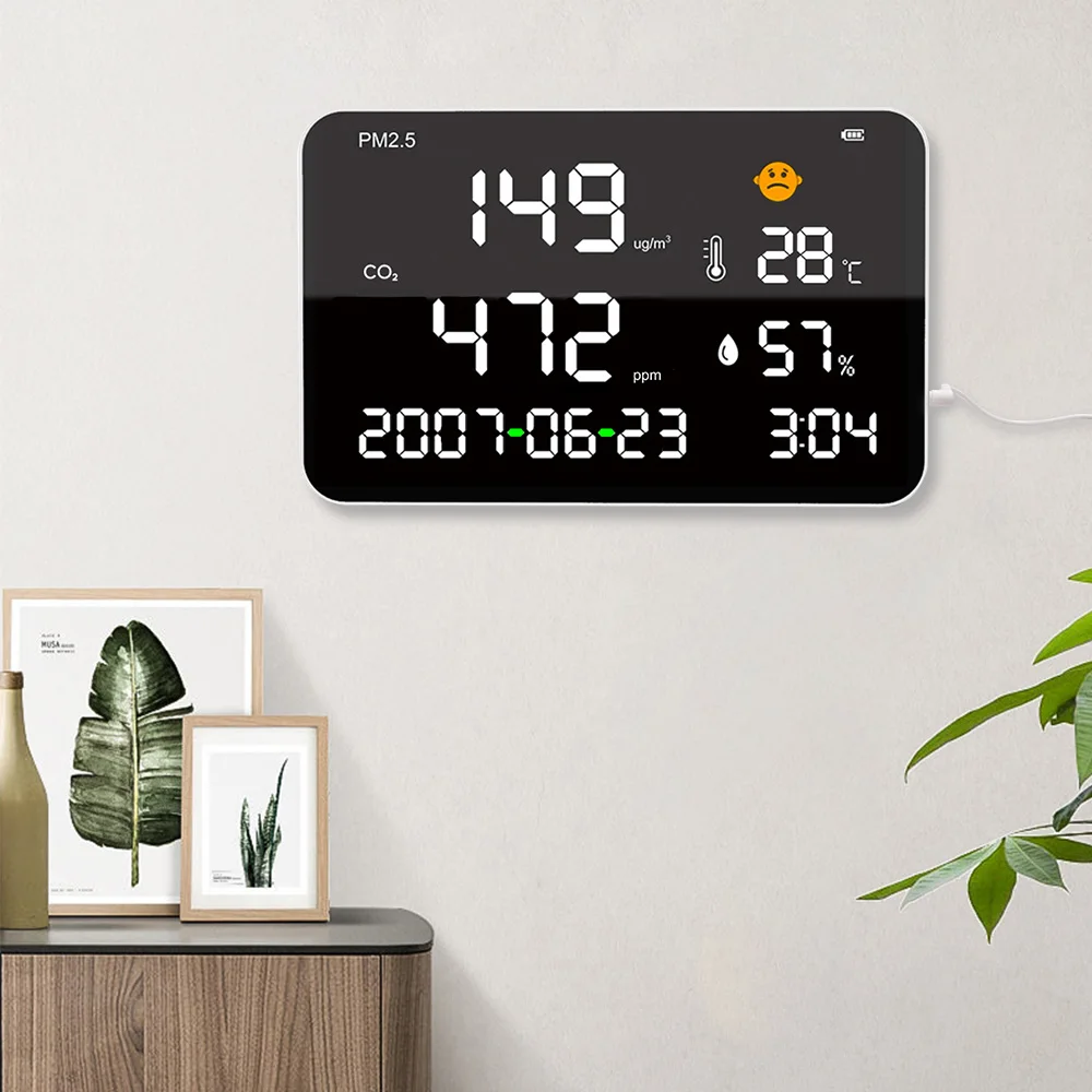 شاشة كبيرة جدًا داخلية CO2 ميتري متعددة الوظائف مستشعر NDIR نوع كاشف جودة الهواء يقيس ثاني أكسيد الكربون وPM2.5