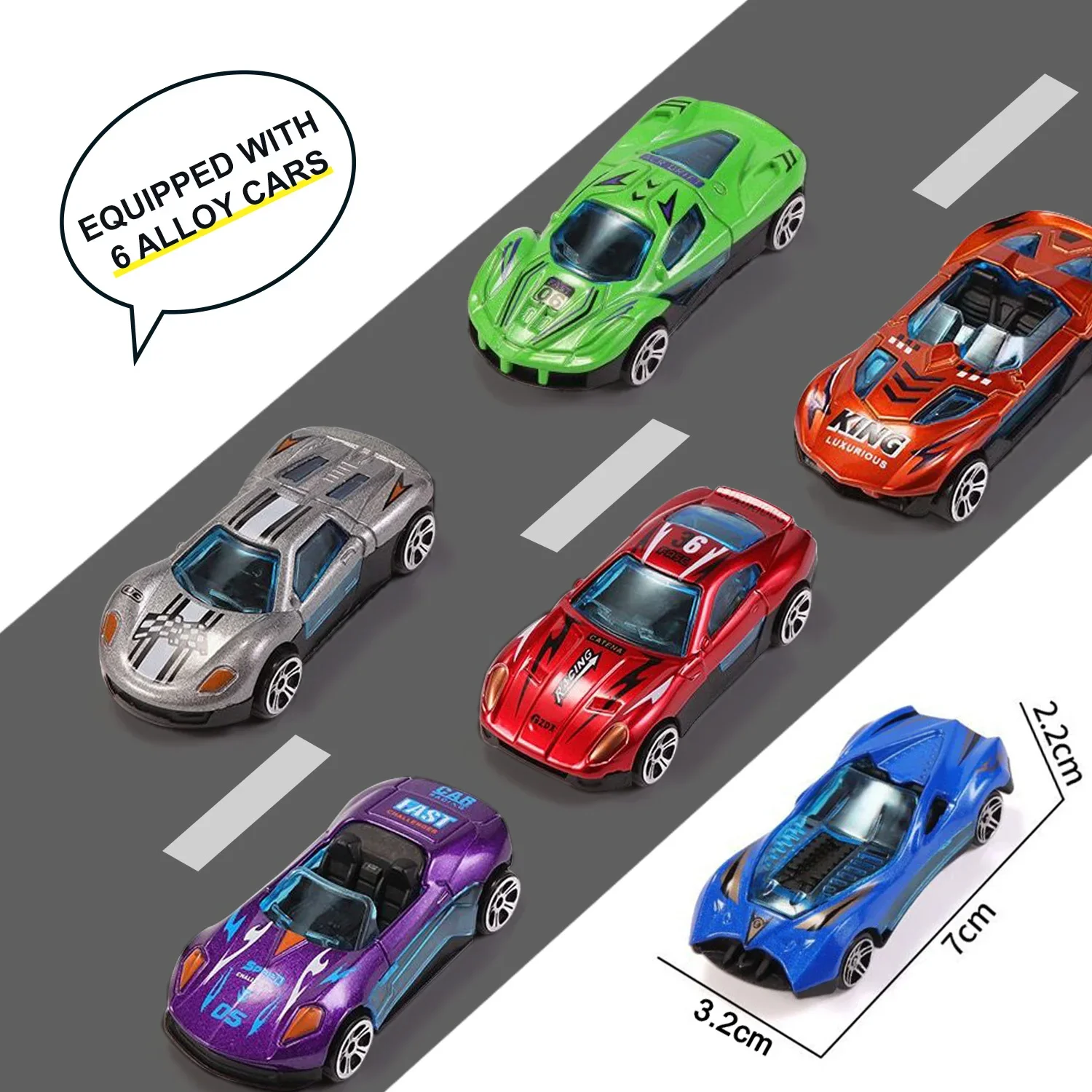 2M Składana tor wyścigowa z pojazdami, kontenerami do przechowywania, pojazdy z podwójną szyną, samochody inercyjne, 6 sztuk odlewanych modeli samochodów ze stopu, mini samochody, zabawka wyścigowa dla dzieci