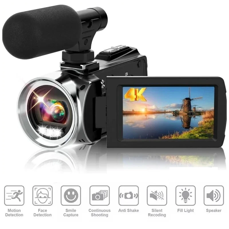 4k HD Dight Camera Electronic Anti Shake Handheld with Microphone18x Zoom Infrared Vlogging Video 48mp Portable Vlog Camcorder