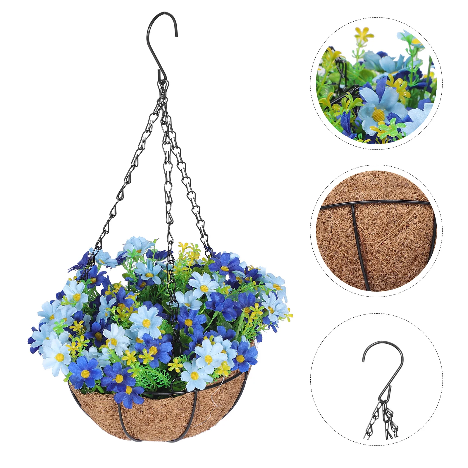 

Artificial Hanging Basket With Fake Flowers Resistant Iron Frame Coconut Fiber Liner For Garden Balcony Indoor Outdoor