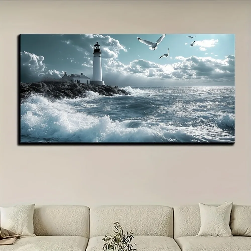 لوحة فنية جدارية على الشاطئ لديكور المحيط، فن موجة زرقاء على شكل سحابة نورس فاتحة، إطار من خشب الصنوبر الصلب بسمك 1.5 بوصة، مناسبة للديكور الداخلي