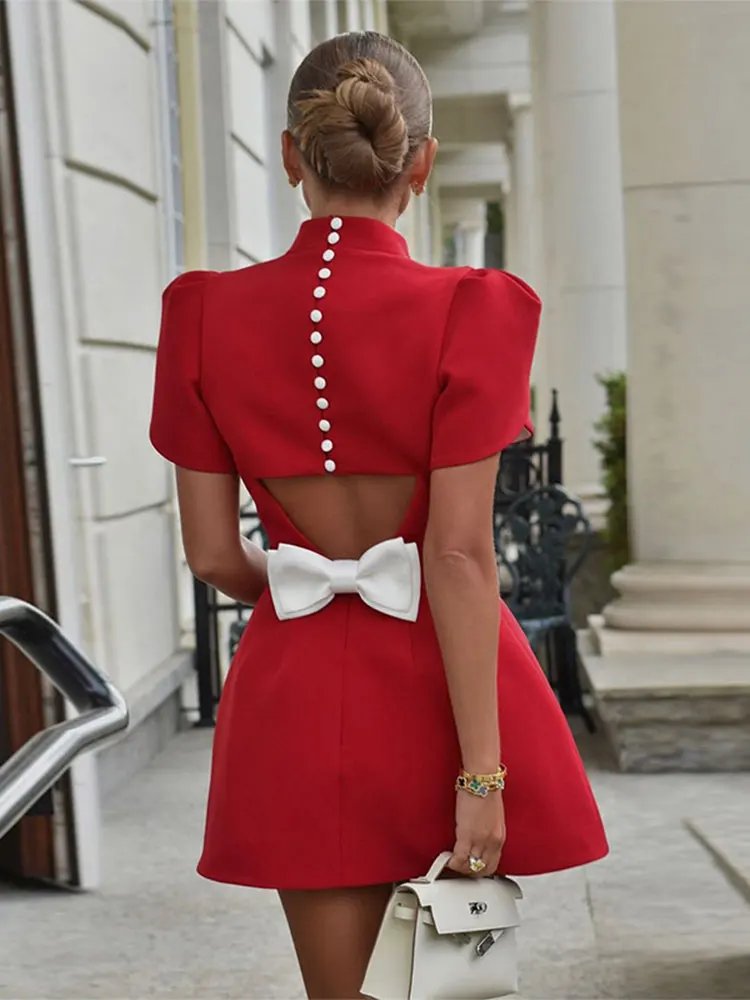 Elegant Hollow Out Bow Buttons Red Mini Dress Women Fashion Round Neck Short Sleeves Backless A-line Dresses Lady Party Gowns