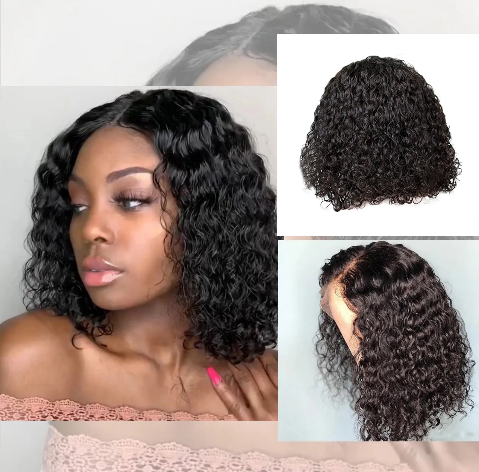 Brazilian Short Curly Human Hair Wigs Curly Lace Closure Wig Pre-plucked Curly Center Parted Head Cover Wigs For Women