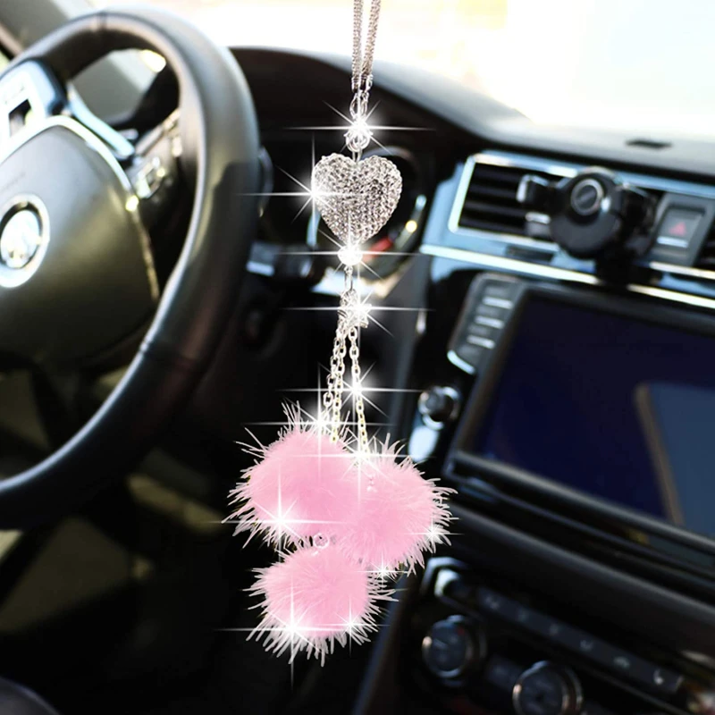 Rhinestone Crystal Plush Pendant Auto Rearview Mirror Ornament Bling Car Mirror Hanging Accessories Car Interior Decoration