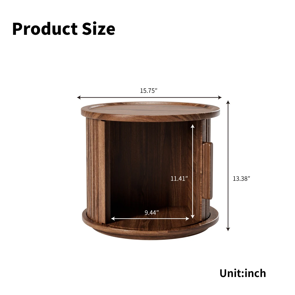 Walnut Veneer Sofa Side Table and Bedside Table Two-piece Round Coffee Table Set Modern Nesting Side Table with Sliding Door Storage Space, Versatile and Practical Style Suitable for Living Room and Bedroom with Recessed Roman Column Design Decorative Tag