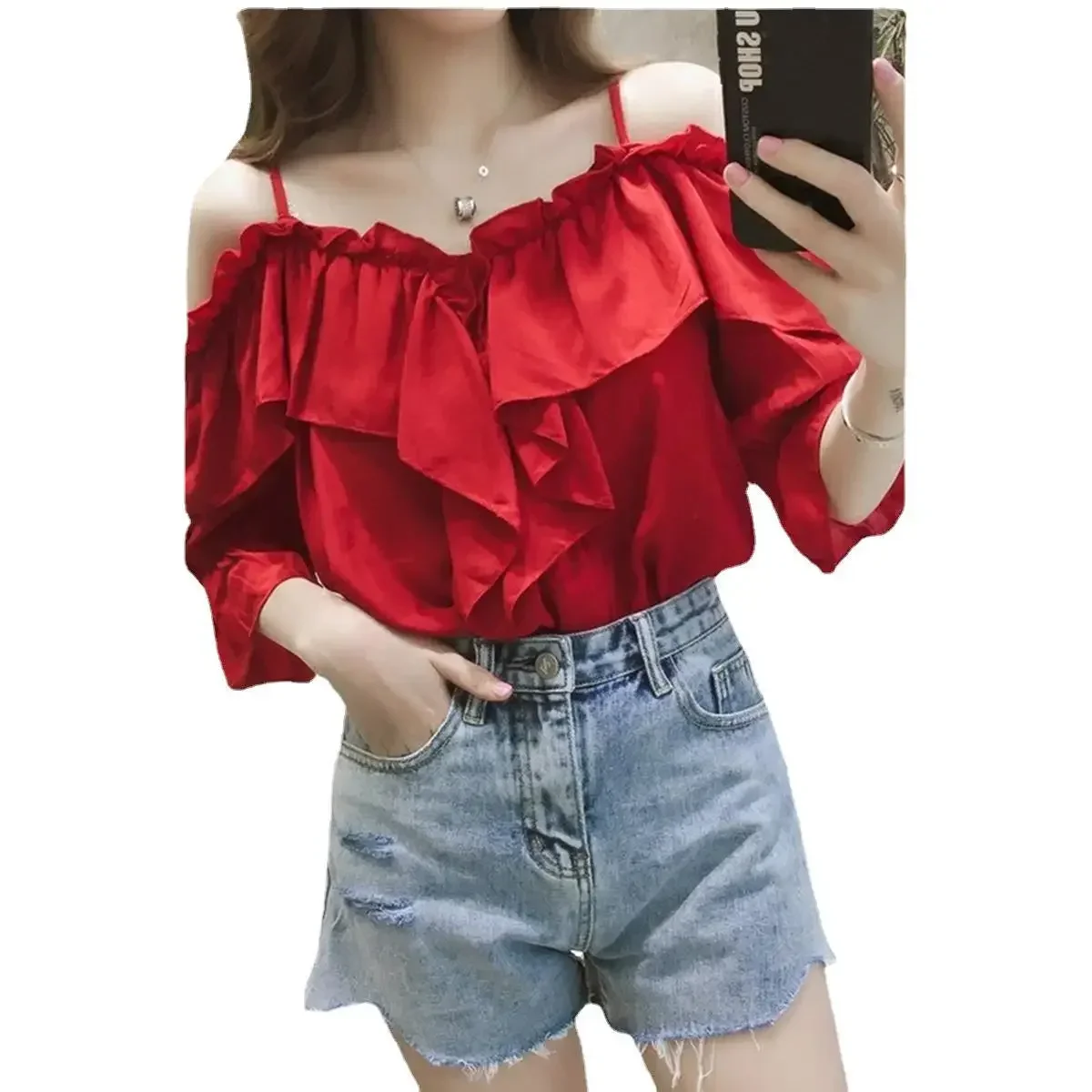 Chic Short Sleeve Chiffon Shirt Women Summer Sexy Off Shoulder Strap Fashion Korean Shirt Solid Y2k Top StreetWear