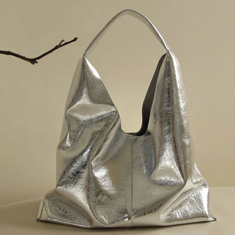 Large Capacity Silver Hobos Bags for Women and Designer Luxury Brand Shoulder Shopping Handbags 2023 New in Soft Tote PU Leather