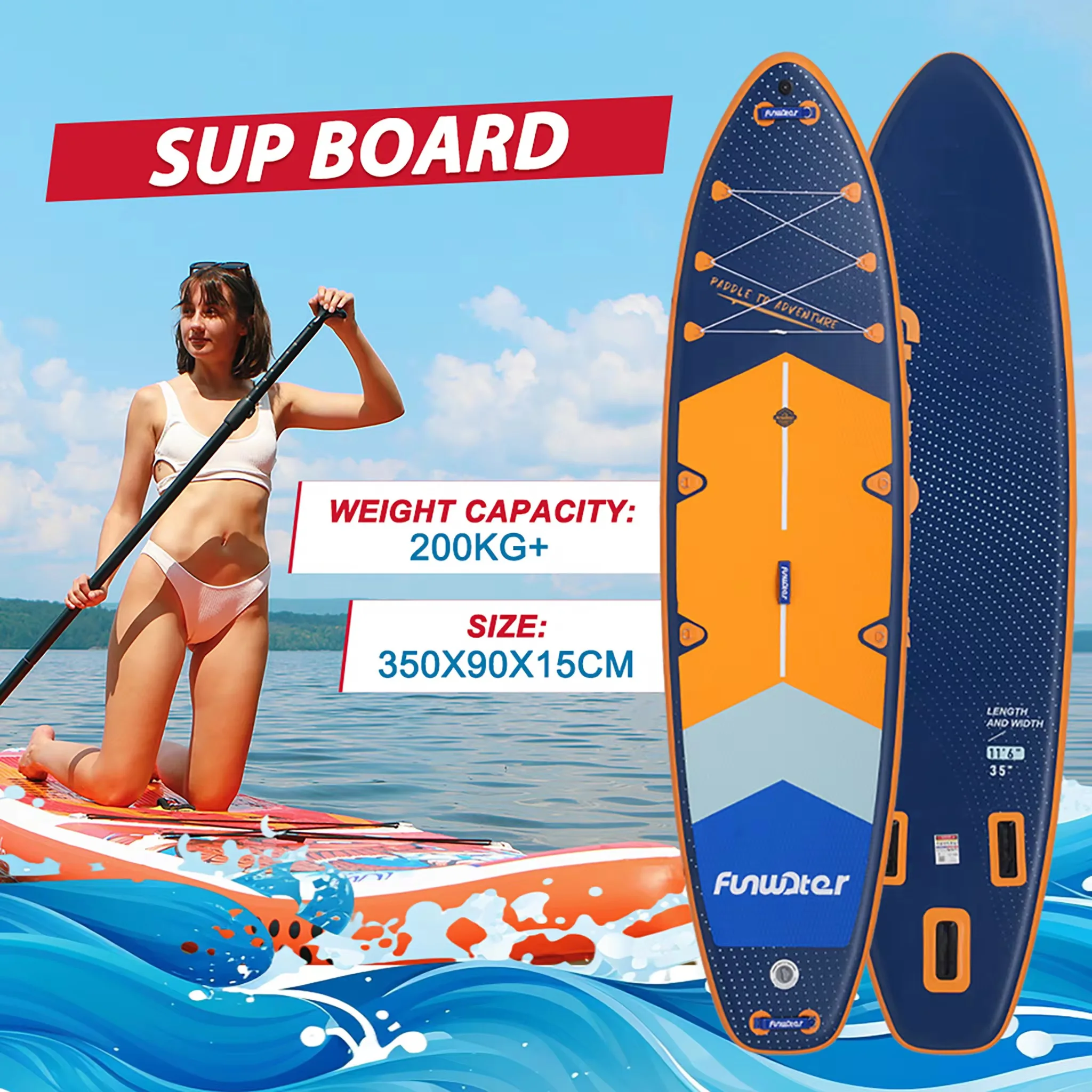 FunWater Planche de paddle gonflable SUPFW43A SUPFW43B 350x90x15CM Capacité de charge 200KG Planche de paddle polyvalente avec ensemble d'accessoires complet pour le yoga, la pêche, le surf, le tourisme et les sports nautiques