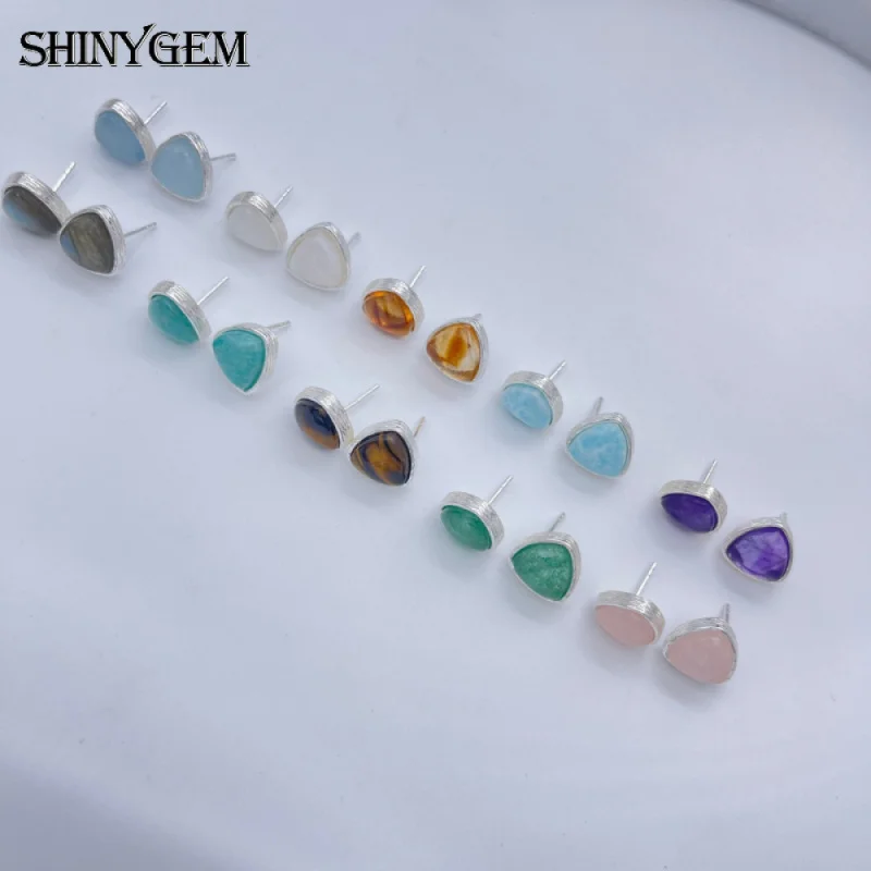 SHINYGEM Natural Stone Amethyst Larimar Triangle Stud Earrings Copper Plated White Gold Jewelry Women  Daily Party Accessories view 4