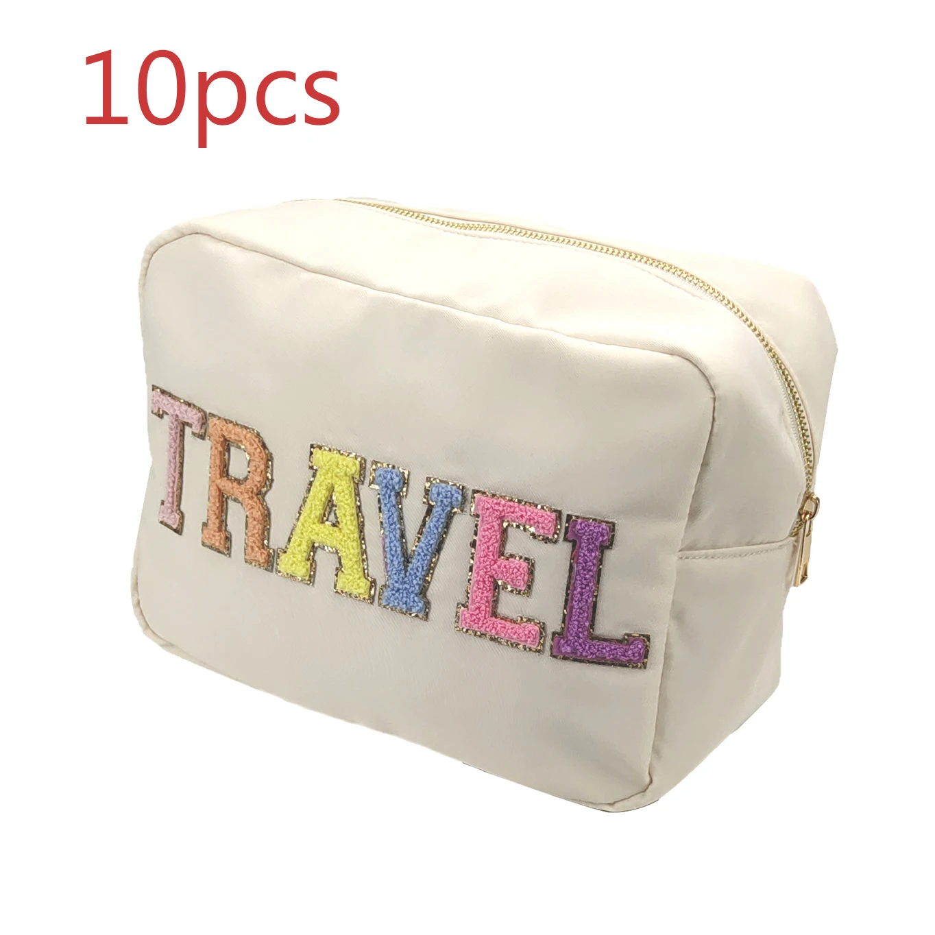 10pcs/set  Embroidered Patch Travel Words Solid Color Nylon Waterproof Carrying Cosmetic Bag Travel Large Capacity Storage Bag