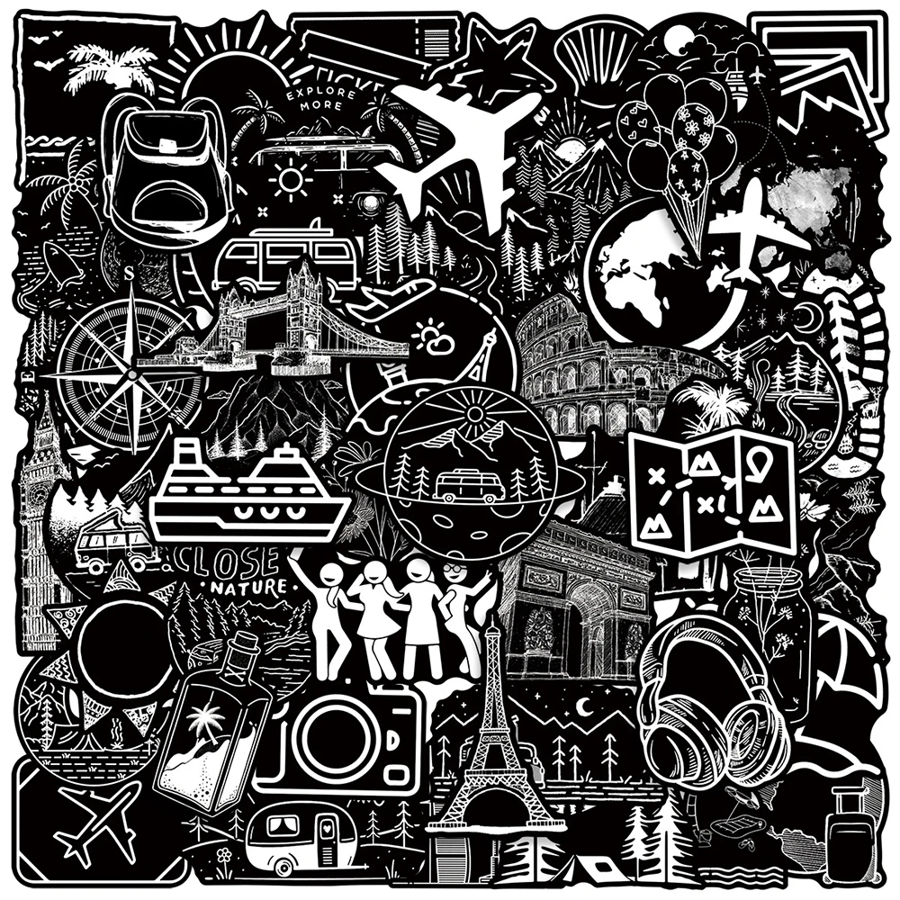 

10/30/50pcs Funny Cartoon Outdoor Travel Stickers Black White Landscape Decals DIY Notebook Suitcase Phone Graffiti Sticker Pack
