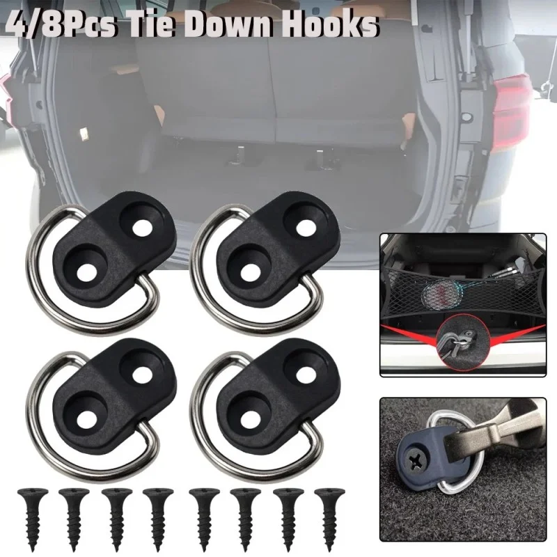 

4pc Campervans Elastic Tie-Down Straps Boot Anchor Rings Boot Luggage Net With Leather Trim D-Ring Screw Reinforcement Fittings