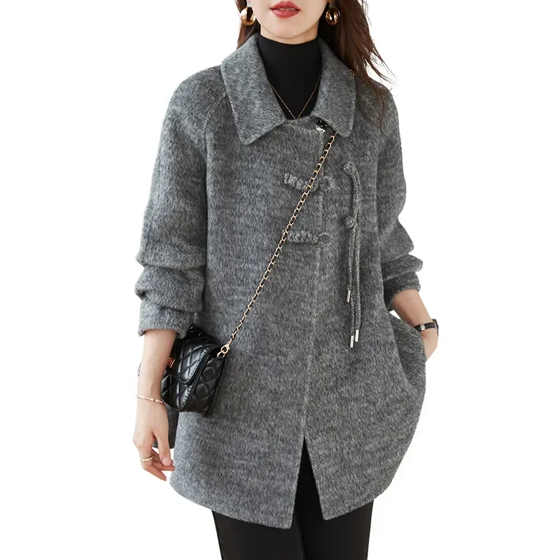 Autumn Winter Mid-Long Woolen Coat Women 2024 New Fashion Loose Casual Overcoat Pure Colour Button Grey Outerwear Female