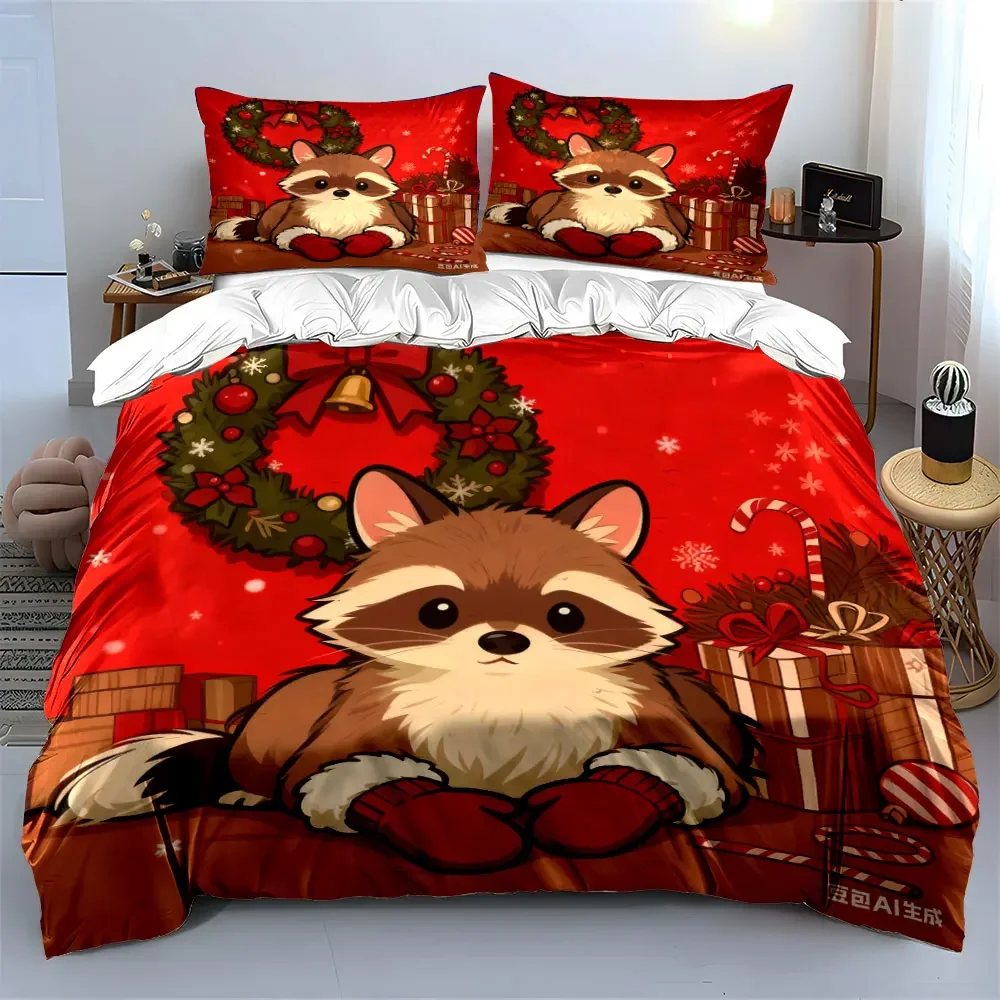 Christmas Raccoon Gift Set Decor Multiple sizes kid's and adults' bedroom Exquisite 3PC bedding set, gift