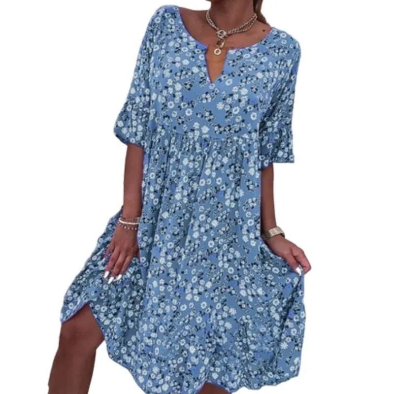 Vestido de media manga con estampado Floral para mujer, traje holgado hasta la rodilla con cuello en V, moda de verano, 2024