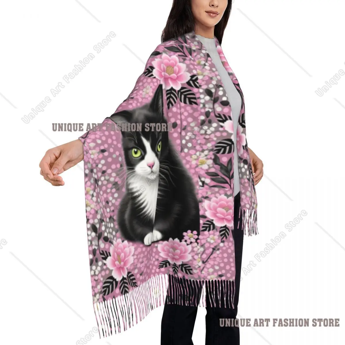 Senhoras personalizadas grande bonito criativo gato cachecóis feminino inverno outono grosso quente borla xale envolve cachecol