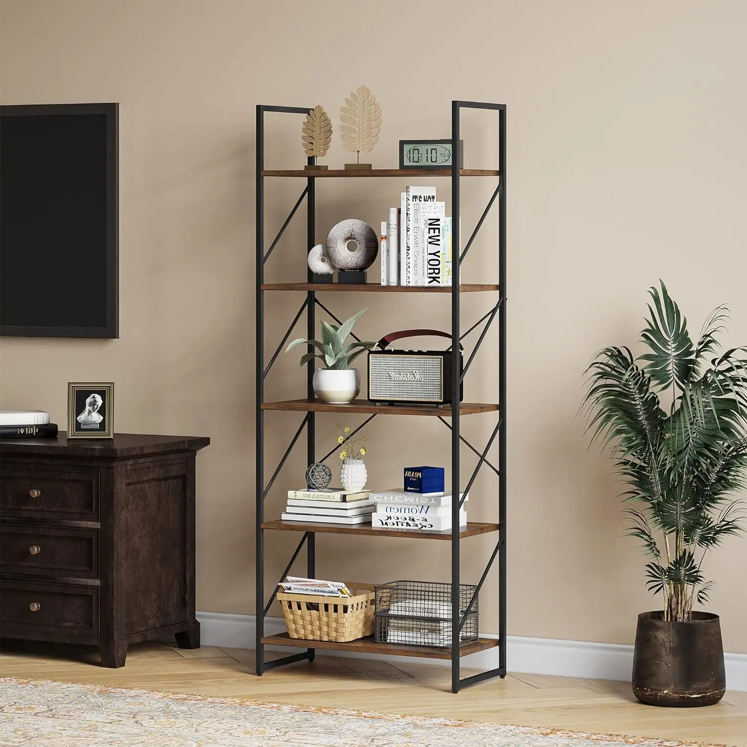 （Free shipping）Bookcase 5 Tiers, Floor Standing Book Shelf, Wooden Shelf and Metal Frame Book Rack