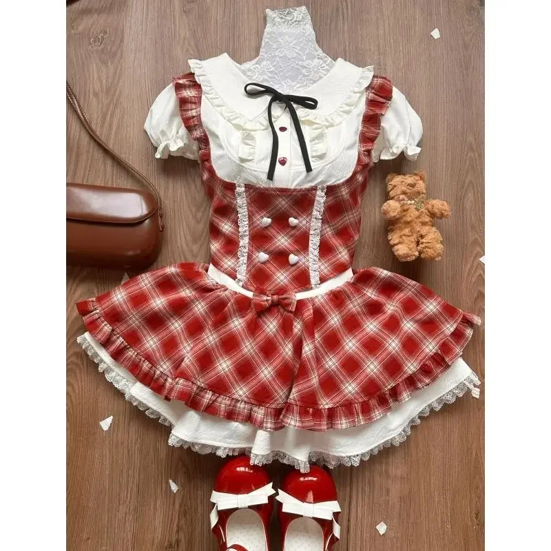 White Sweet 2 Piece Sets Women Kawaii Shirts Elegant Lolita Style Cute Love Button Bow Plaid Dresses Japanese Fashion Skirt Suit