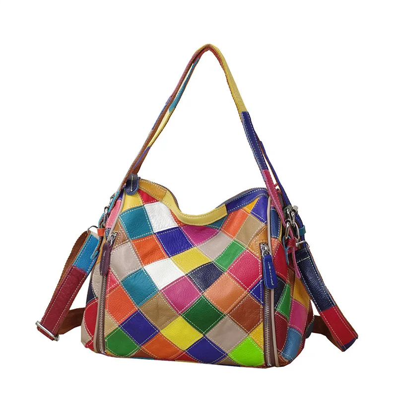 

Genuine Leather Cowhide Handbag for Women - Stylish Colorful Patchwork Tote & Crossbody Bag with Unique Design