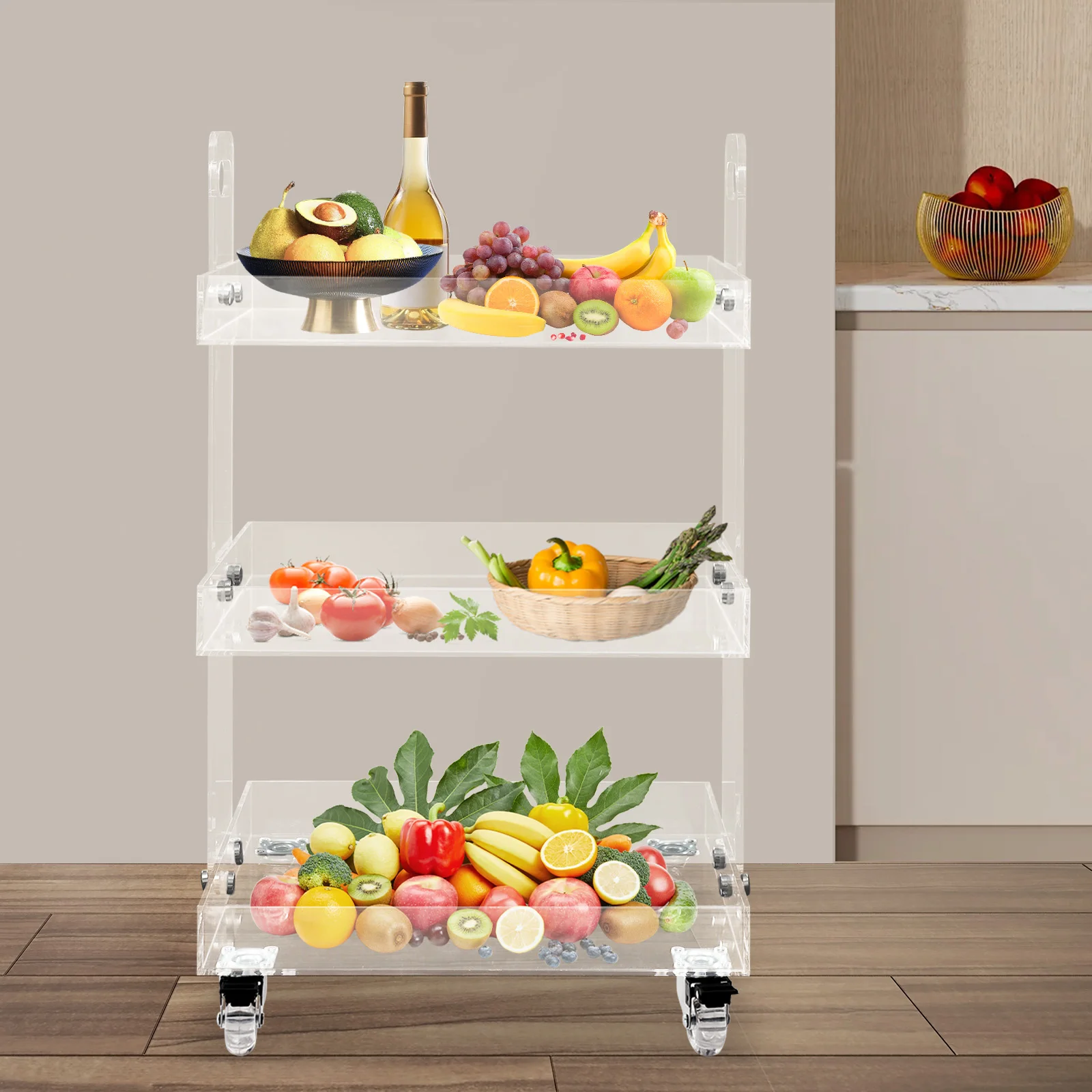 

3-Tier Clear Acrylic Utility Rolling Cart, Sturdy Storage Cart with Wheels, Space-Saving Mobile Organizer for Home Office