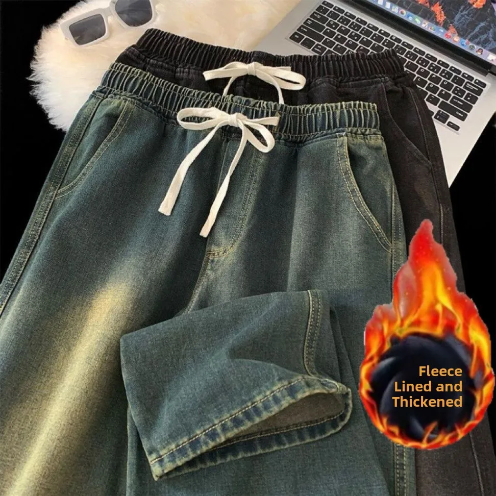 

Retro American Waed Faded Men's Jeans Autumn Winter Fce Loose Straight Elastic Waist High Street Long Pants Casual Cotto...