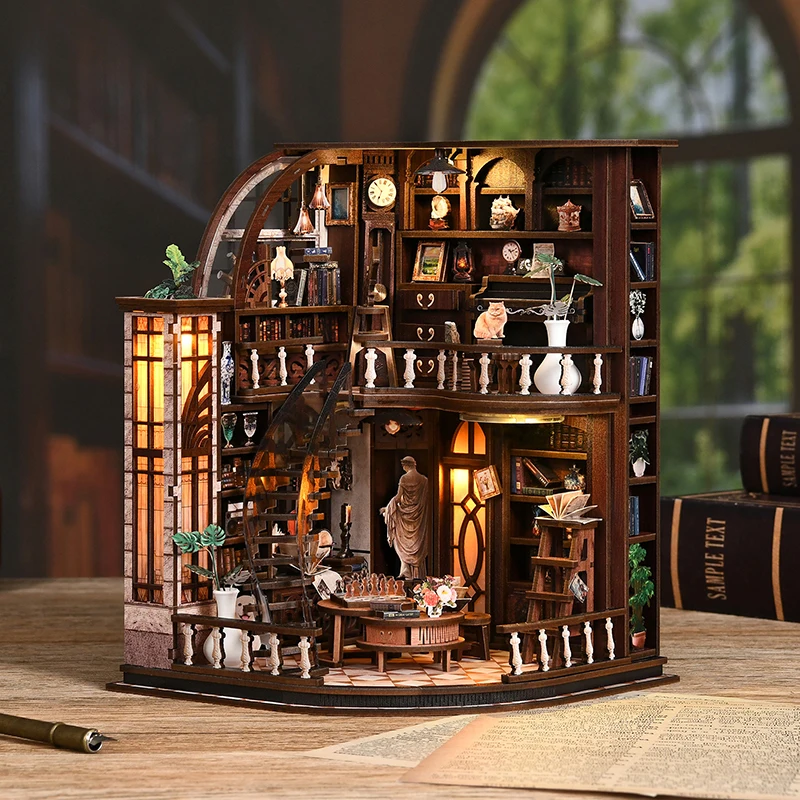 

DIY Wooden Bacchus Bookstore Casa Figurines Miniatures Bookend Assembled Houses for Friends Birthday Gifts Home Decoration