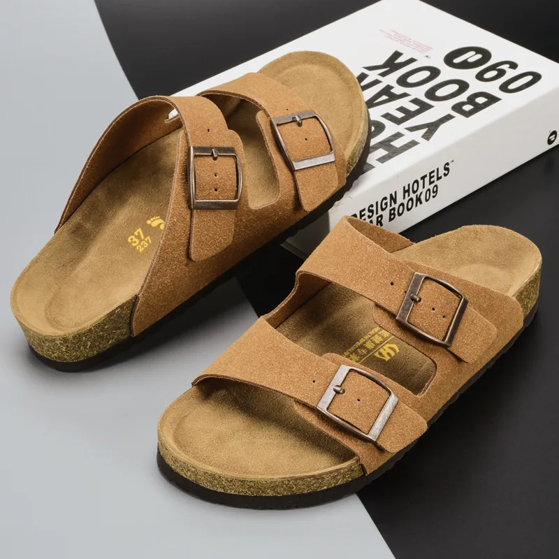 Leather Men Slippers Spring Summer New Men Non-Slip Fashion Sandals Couple Double Buckle Sandals Outdoor Beach Casual Shoes 2024