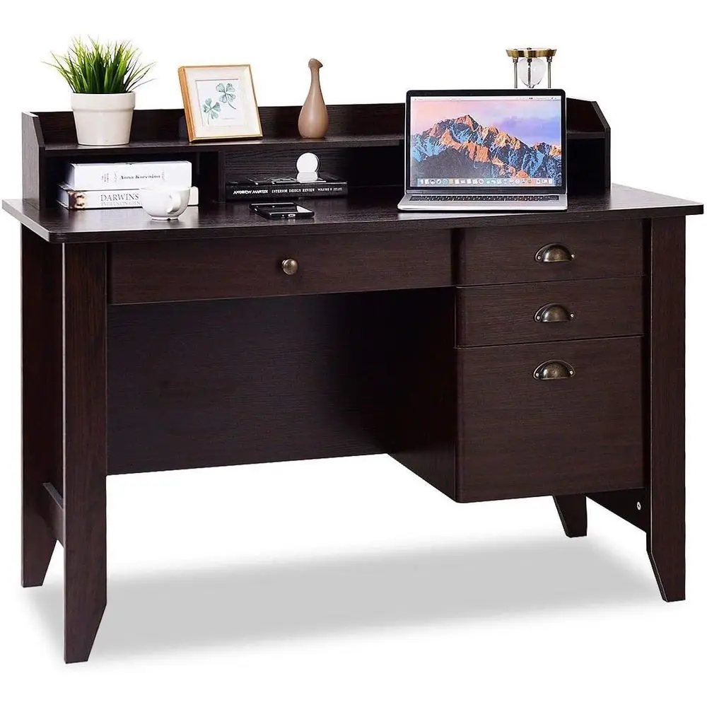 

Vintage Wooden Executive Desk with Storage Drawers and Hutch, Brown Writing Study Desk