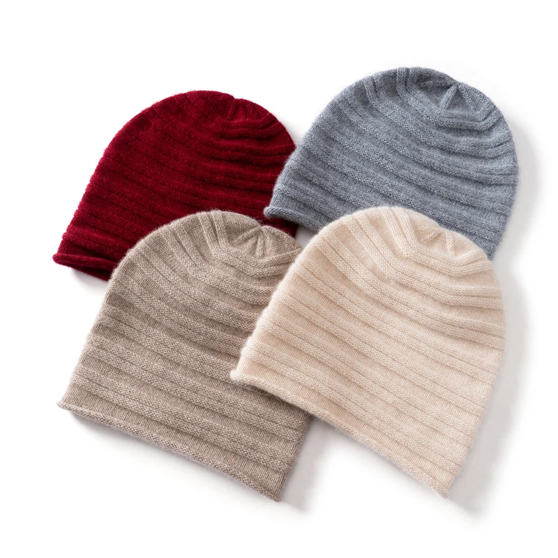 Fashion Winter New High Quality Women's 100% Cashmere Knitted  Hat Solid Color Curled Edge Outdoor Warm Ear Protection Hat