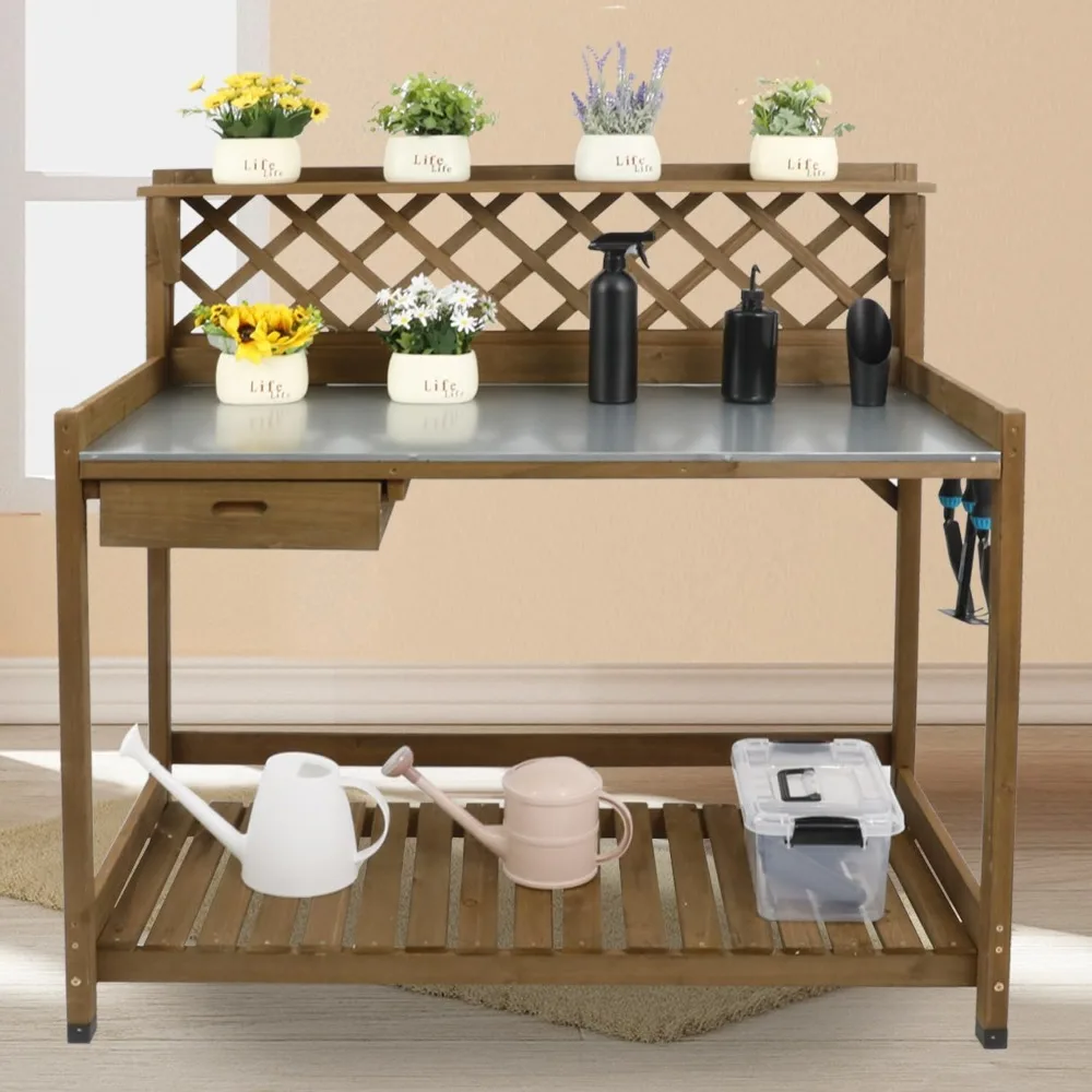 

Garden Potting Benches & Tables,Outdoor Wooden Work Station W/Metal Table Top,Drawer,Large Bottom Shelf