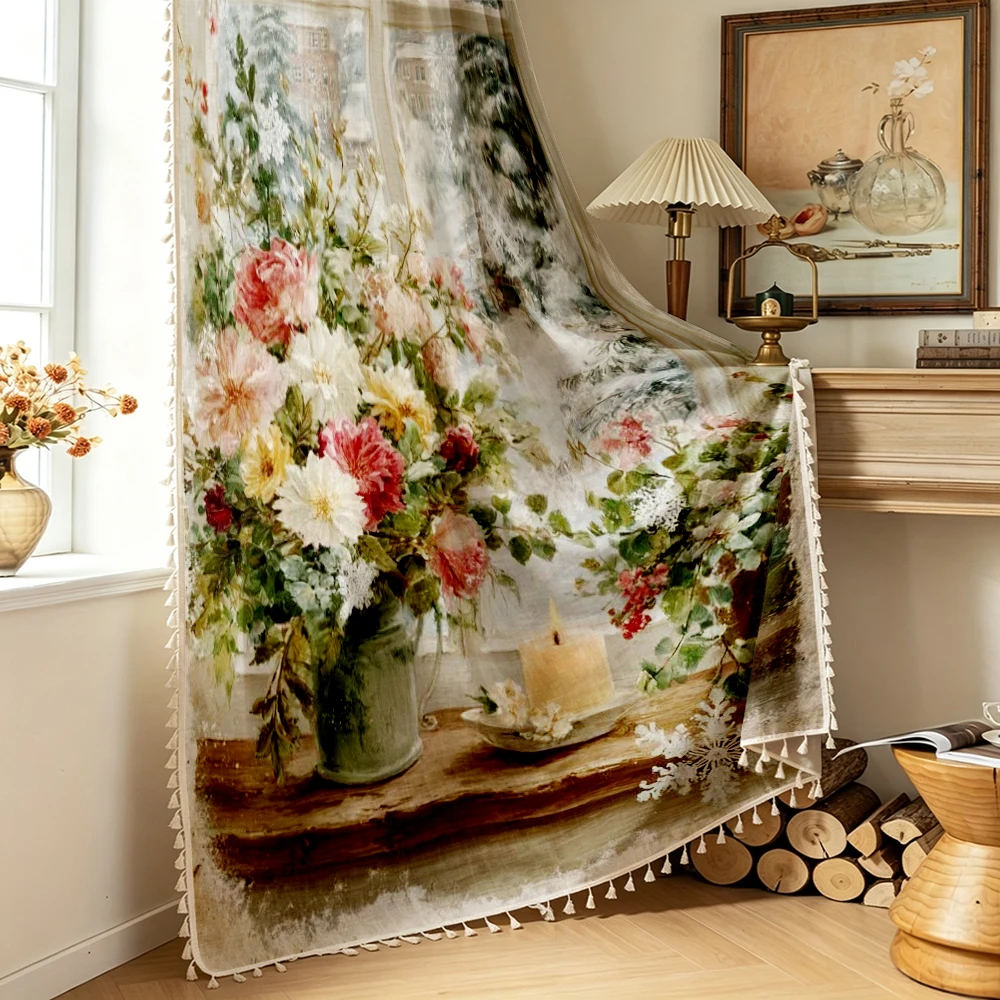 1PC Winter Tassel Sheer Curtains, Window Flower Vase Candle Snow, Digital Print, Polyester, Bedroom Living Room Home Decor