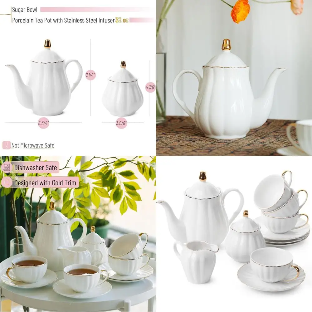 

Классический фарфоровый чайный сервиз из 13 предметов с чашками на 7 унций, горшком для заварки на 32 унции и сливочницей/чашей для сахара