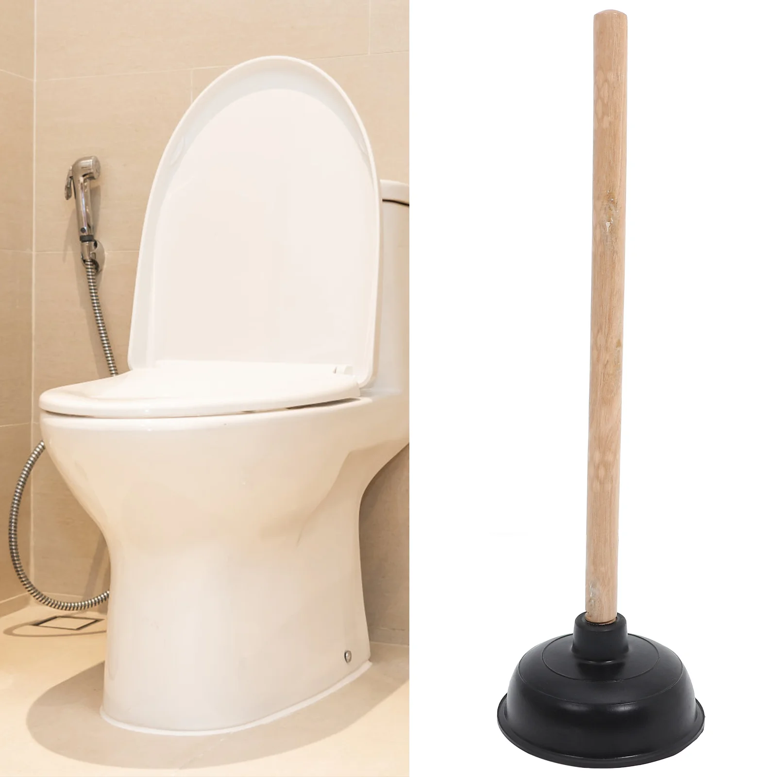 Toilet Unclog Sink Bathroom Anti Clogging Plunger Wooden Handle Household Rubber Bowl