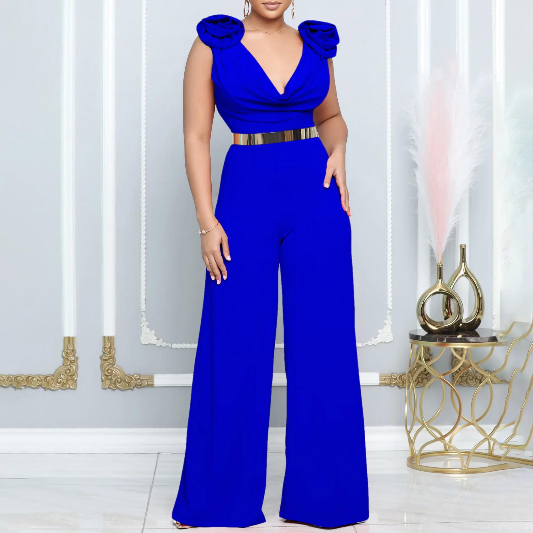 Women Jumpsuit High Waist Sleeveless Heaps Collar Flower on Shoulders Elegant Female Party Fashion African Elegant One Pieces